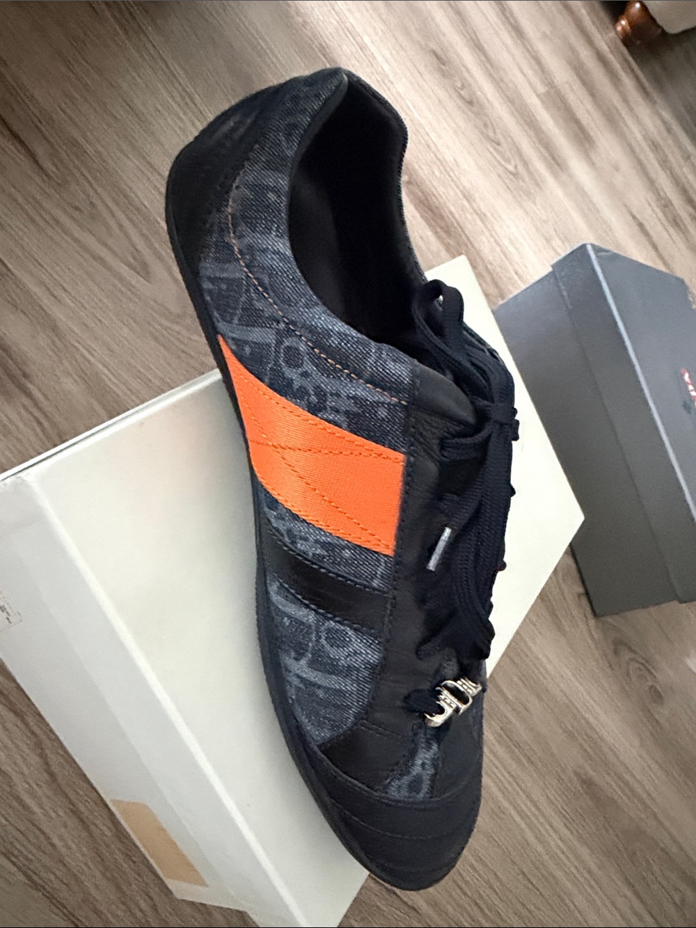 Dior Navy Monogram Sneakers with Orange Stripe